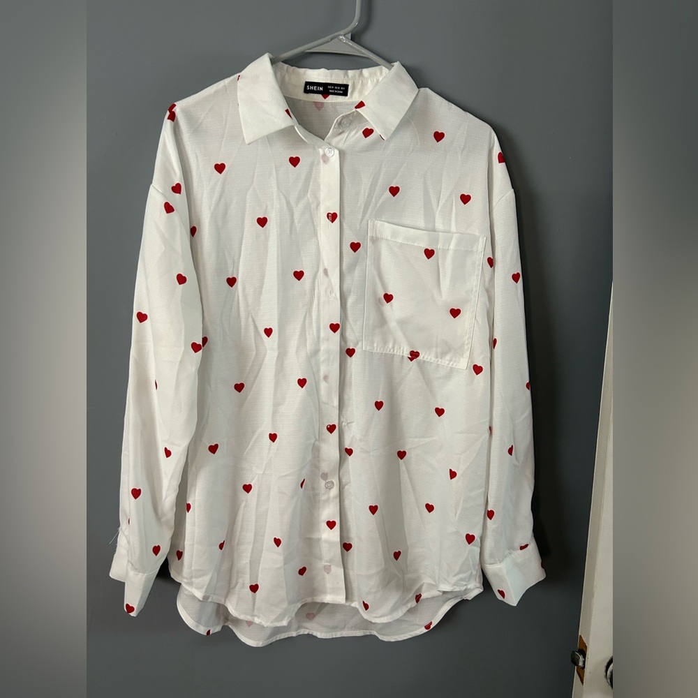 White button up with Red Hearts